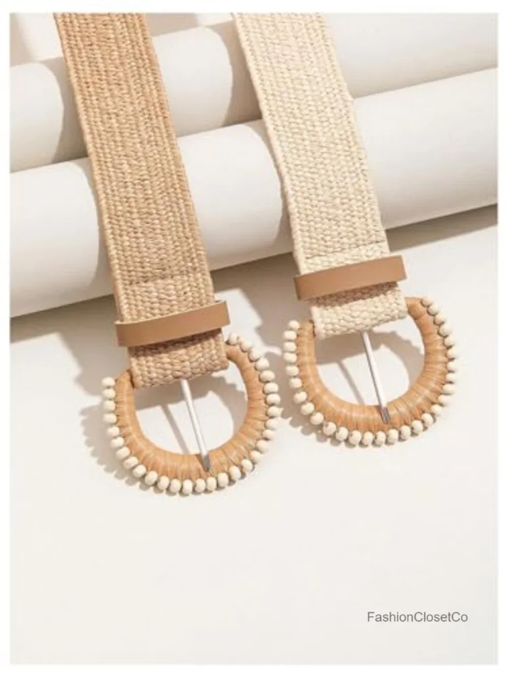 2 Pack Stretch Woven Raffia Belts Boho Dress Belt Circle Buckle